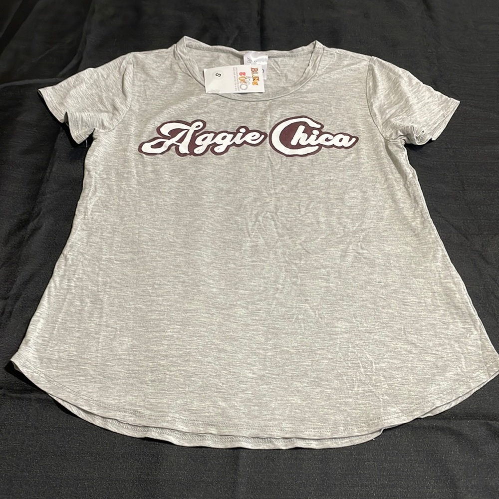 Aggie Chica  Gray; Round neck blouse, short sleeves.